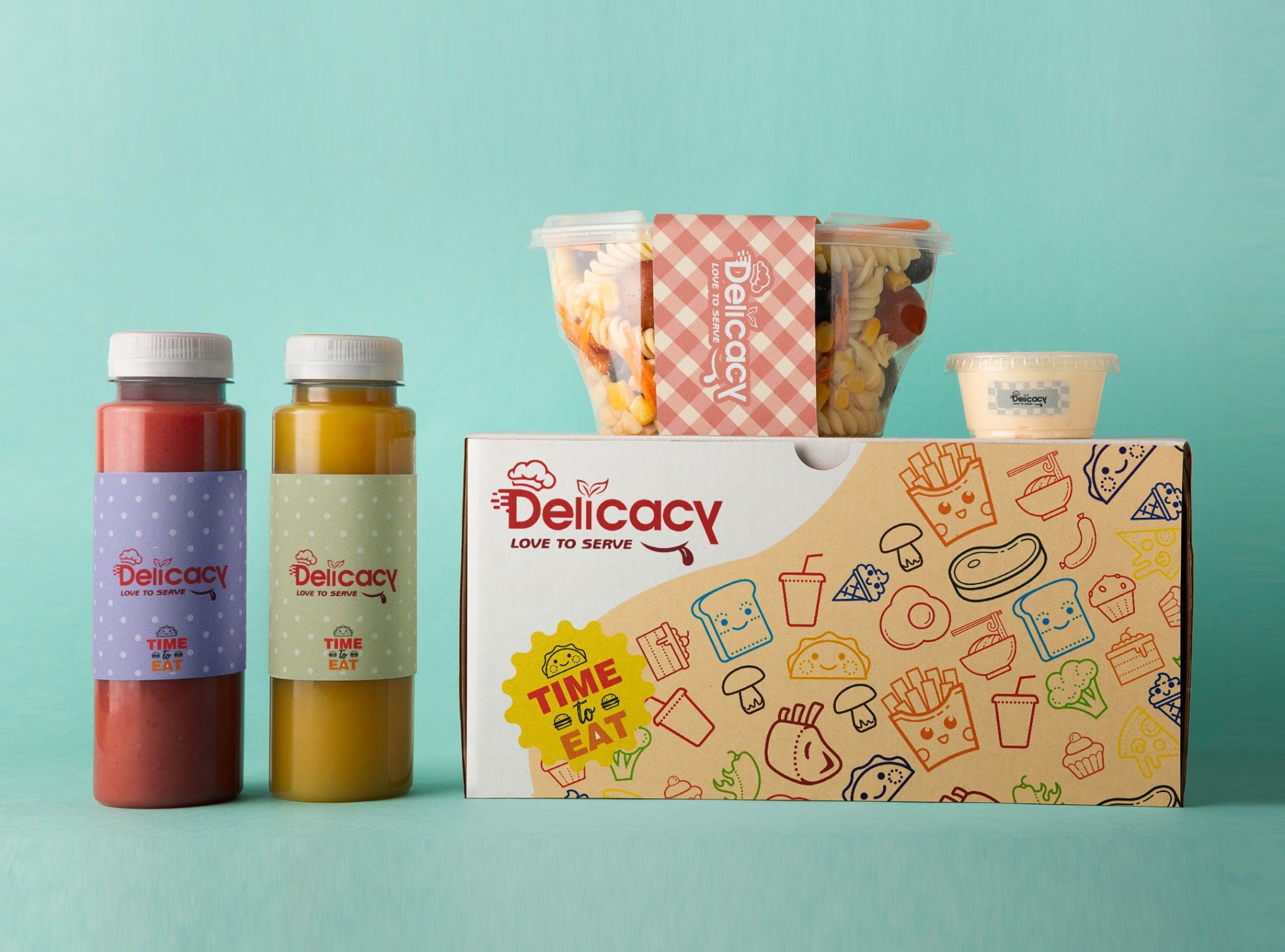 Custom-branded food packaging, including packaging sleeve, product labels, and printed takeaway box with colorful printing